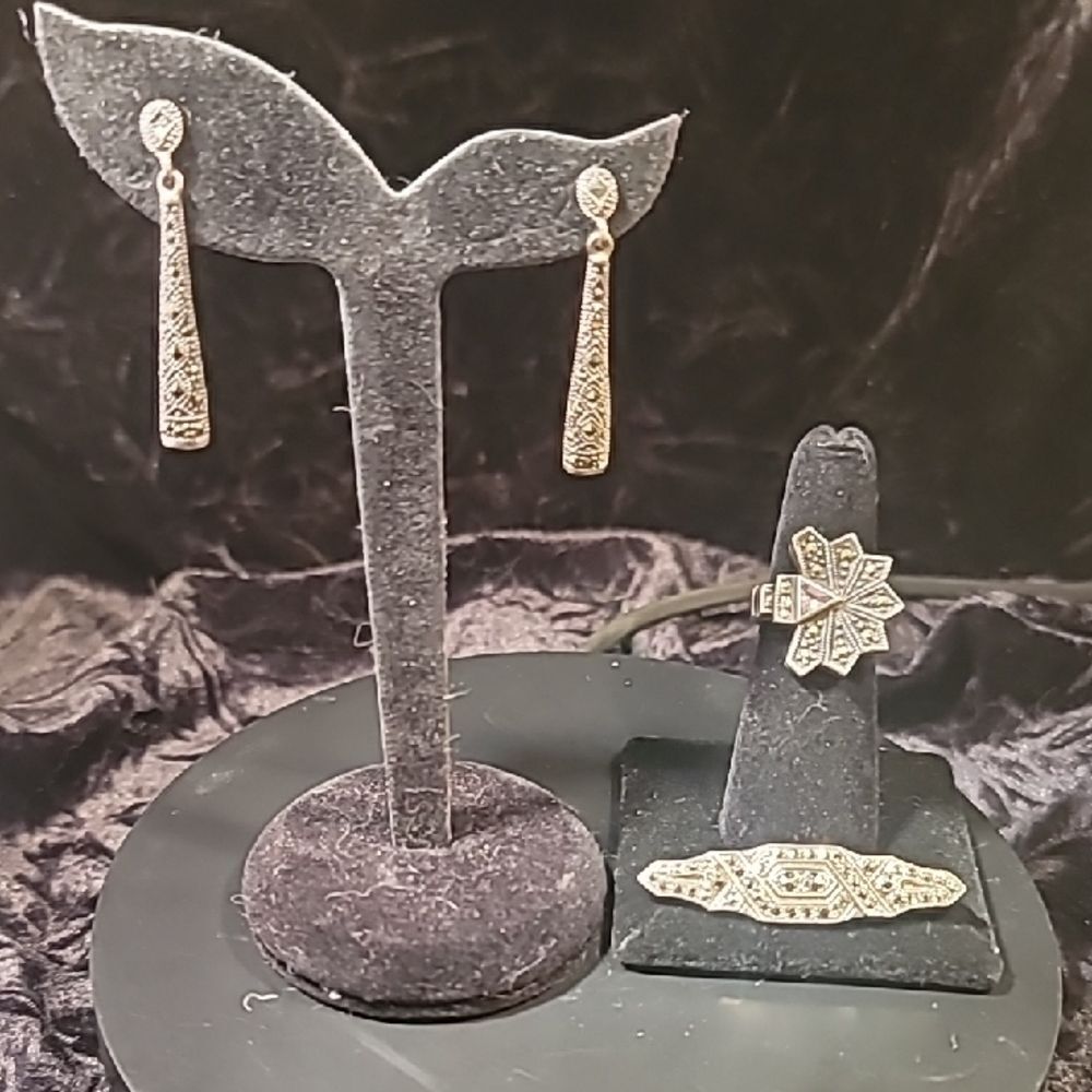 0514.Marcasite Set w/Amethyst In Elegant 925 Silver Jewelry for Art Deco Lovers